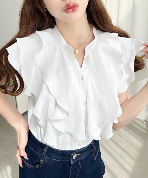moment+ ブラウス シャツ 厚手シフォンキーネックラッフルフリル
