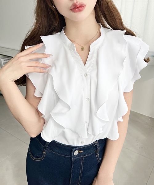 moment+ ブラウス シャツ 厚手シフォンキーネックラッフルフリル