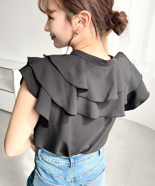moment+ ブラウス シャツ 厚手シフォンキーネックラッフルフリル