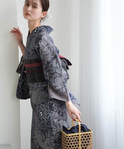 utatane 浴衣 有松絞り浴衣3点セット 藤影の唐獅子 レディース