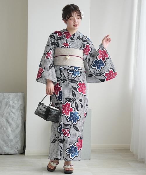 utatane 浴衣 浴衣3点セット 粋モダン 黒の絞り柄に赤と青の桜