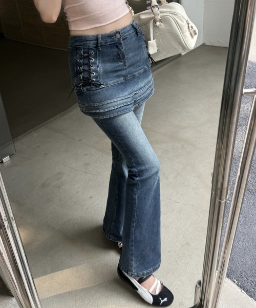 ジーンズ デニム デニムパンツ フェイクレイヤード フレア デニムパンツ レディース | ブランド登録なし | 02