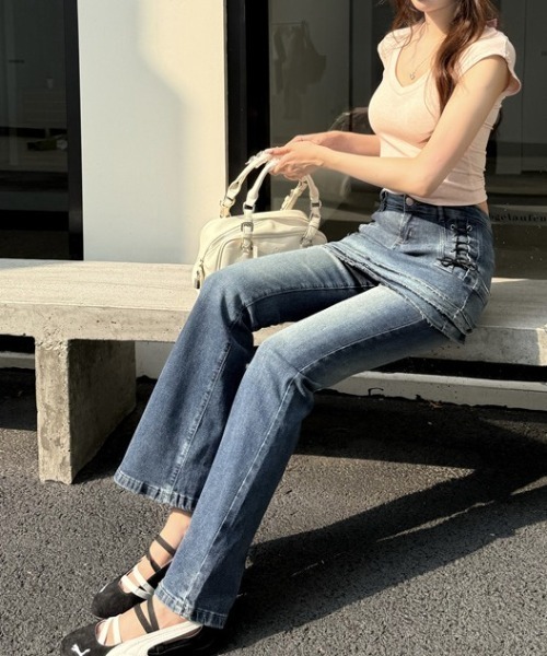 ジーンズ デニム デニムパンツ フェイクレイヤード フレア デニムパンツ レディース | ブランド登録なし | 04