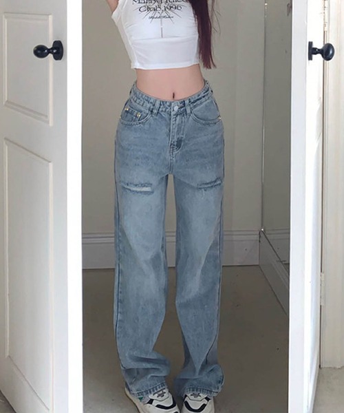 Siwy★Jane B Amen Fashion ダメージ入り ストレートジーンズ ミージェーン me Jane サイドレースアップデニムストレート
