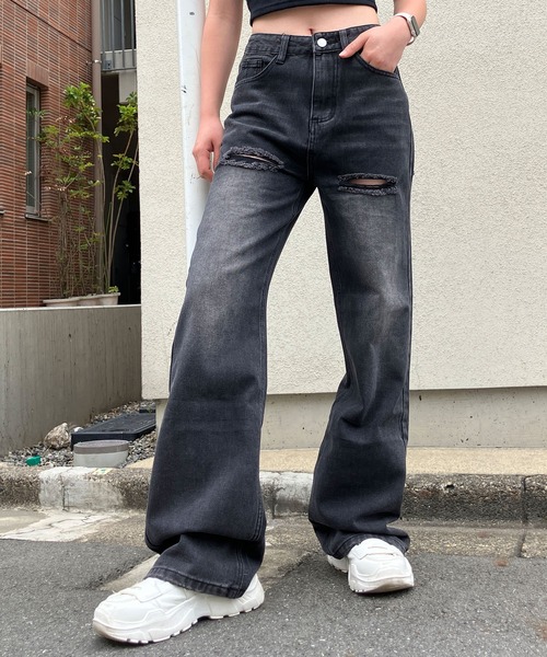 it様glamb グラム　ダメージ加工　ワイド　ストレート　デニムパンツ　レア glamb - 【glamb】グラム デニムパンツ ダメージ加工 の通販 by