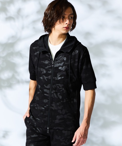 HIDEAWAYS NICOLE パーカー アラカルトエンボス5分袖フルジップ