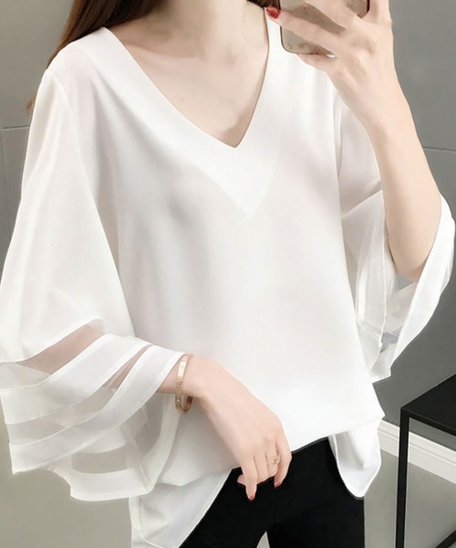 Asterellivi ブラウス シャツ ふんわりフレア袖Vネックブラウス
