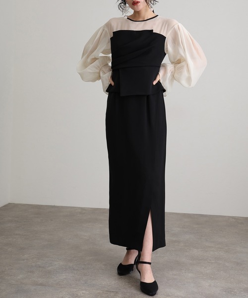 atlo（アトロ） ドレス 袖あり＆ミモレ丈同窓会ドレープビスチェ