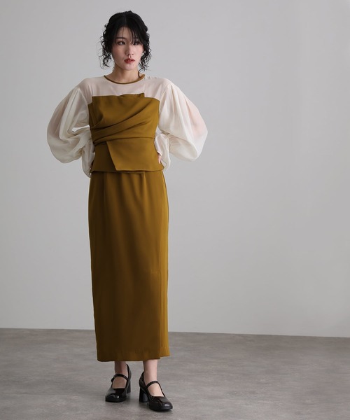 atlo（アトロ） ドレス 袖あり＆ミモレ丈同窓会ドレープビスチェ