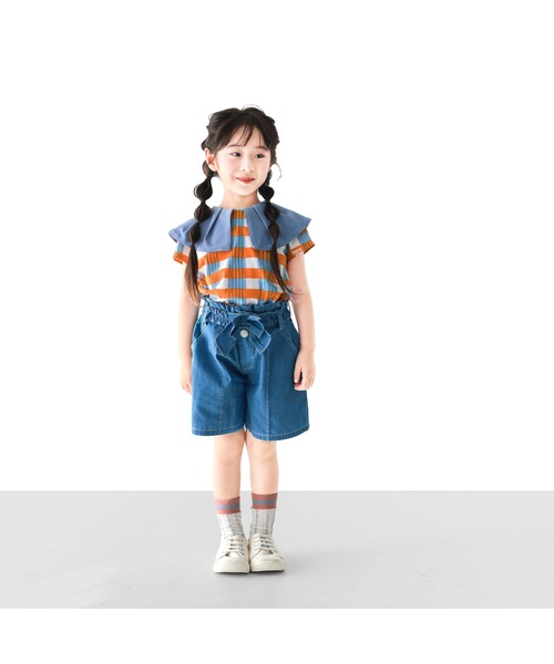 ライトデニムキュロット　綿100 L.COPECK ライトデニム バンダナリボン キュロット パンツ