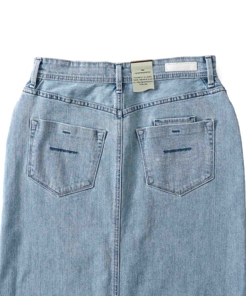 【美品】ヤヌーク　デニムロングスカート 前スリット リネン混 夏 伸縮性 M YANUK スカート 「YANUK」スリットロングデニムスカート-CMF