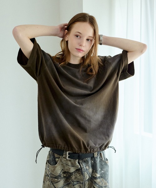 クロップドTシャツ ガーメントダイ ダメージ加工 δ 7.5oz ガーメントダイ ドロップショルダーTシャツ | メンズ | 1