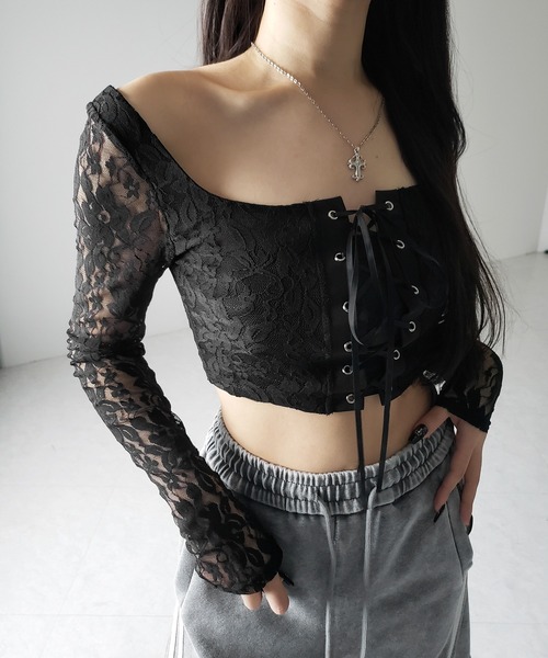 ◆レース&amp;リボン使用のブラックトップス◆美品 LIP SERVICE（リップサービス）｜ シアーレースリボンカットトップス