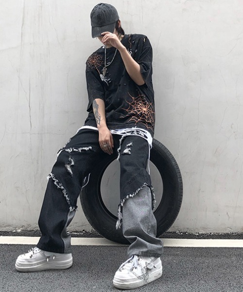 [ARULE] повреждение обработка Denim брюки X-LARGE черный женский 