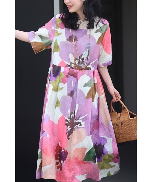 cawaii ワンピース さらり涼しい大輪の花咲くAラインミディアム