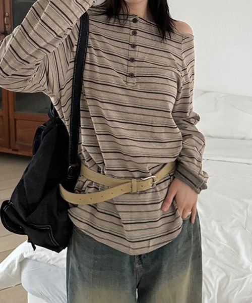 DEVICE（デバイス） tシャツ ボーダー ルーズ オフショルダー ロンT