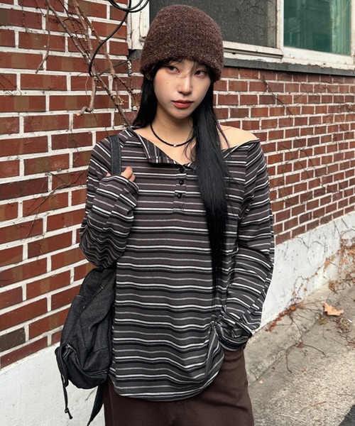 DEVICE（デバイス） tシャツ ボーダー ルーズ オフショルダー ロンT