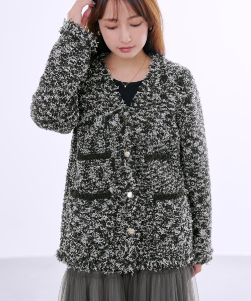 カーディガン フリンジツイードニットジャケット 「低身長・小柄女性