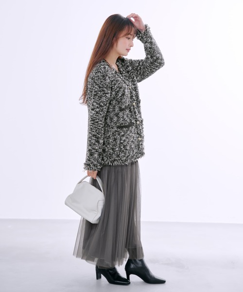 カーディガン フリンジツイードニットジャケット 「低身長・小柄女性