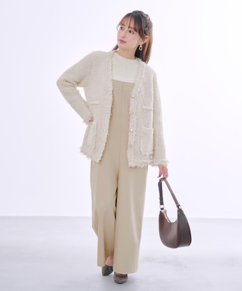 カーディガン フリンジツイードニットジャケット 「低身長・小柄女性