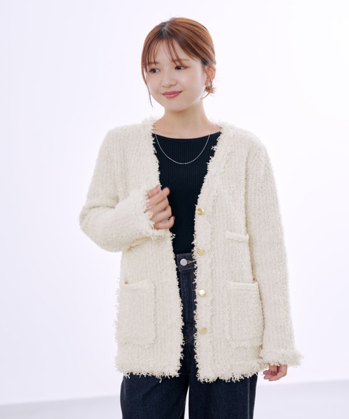 美品 スローブイエナ Mix ツイード ニット カーディガン フリンジ 銀ボタン スローブイエナ ツイードニットカーディガン 24AW ミックスツイード