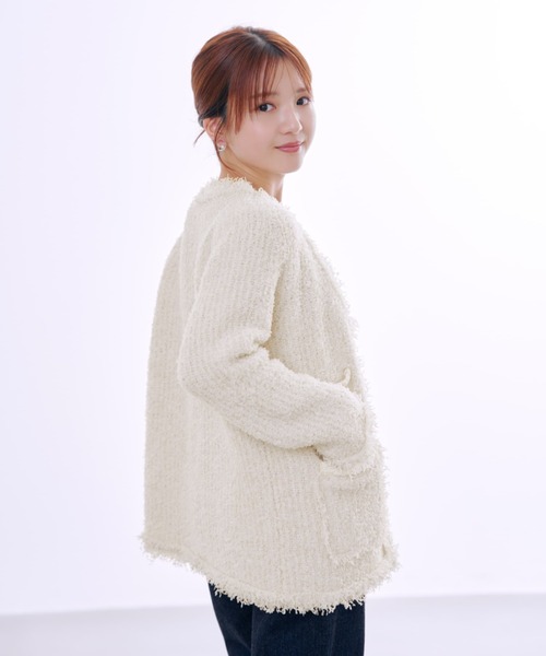 カーディガン フリンジツイードニットジャケット 「低身長・小柄女性