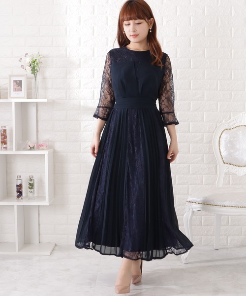 「Lace Ladies」 長袖ワンピース L ブルーグレー レディース_画像4