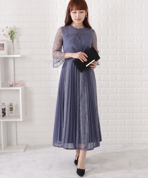 「Lace Ladies」 長袖ワンピース L ブルーグレー レディース_画像8