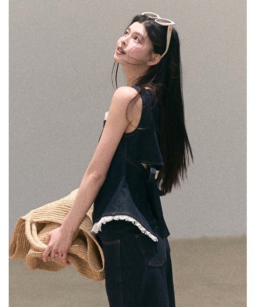 Aelina セットアップ デニムレース切り替えトップス＆パンツ