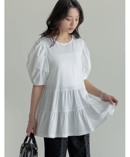 Moitie フリルカットソー パフスリーブ 白 着用感あり モワティエ Re:EDIT tシャツ 「接触冷感」「UVカット」「紫外線対策