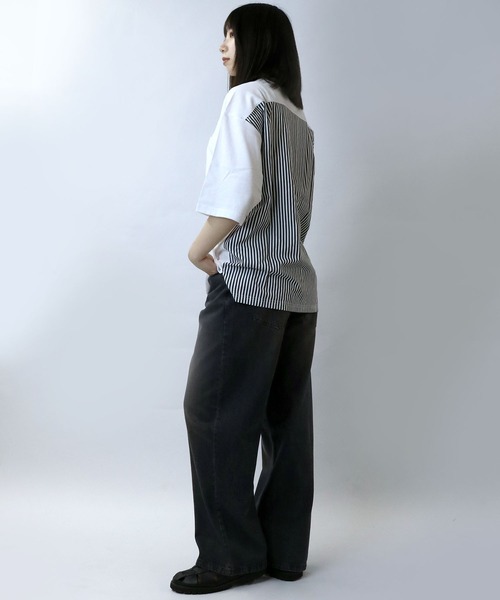 ☆韓国の人気☆【ONGO】☆hey loose striped t☆Tシャ.ツ☆ Tシャツ ショートップス 個性的なロゴ 胸刺繍 韓国ファッション