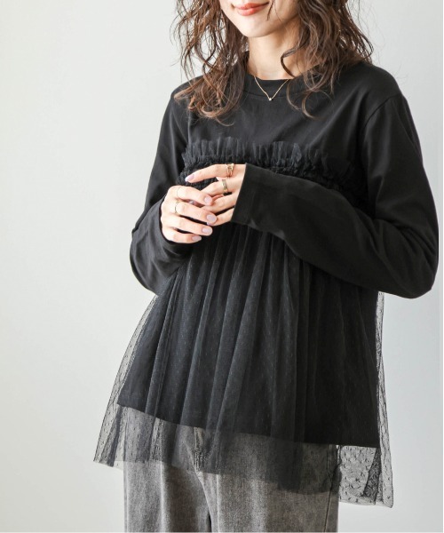 トップス　ドット 胸元刺繍ハーフジップケーブルニットトップス [C7172