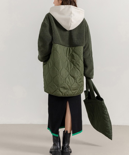 NAPRONの人気アイテム、軽くてあたたかいノーカラーのキルティングコート DAY CLOSET ノーカラーコート コート レディース 着映える異素材MIX