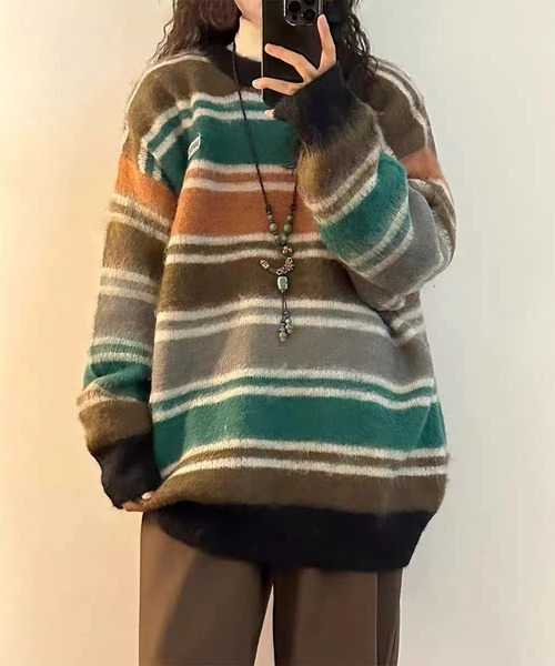 ニット セーター Chiina/マルチボーダー　ルーズニット レディース ニット セーター Chiina/マルチボーダー ルーズニット