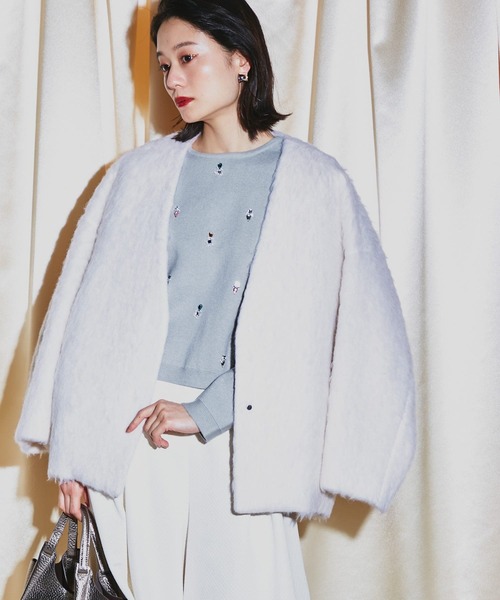 ノーカラーモヘアジャケット ベージュ シャークベージュ ノーカラージャケット セットアップ着用可