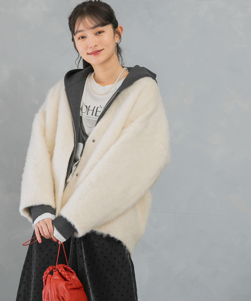ジャケット ノーカラージャケット モヘア混シャギーミドル