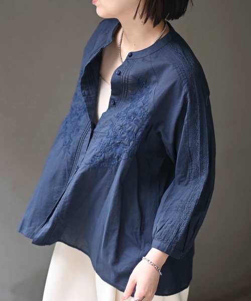 ブラウス シャツ フロント刺繍使いブラウス(インド綿.インドコットン.コットン100%，綿100%） レディース ＆HALF ブラウス シャツ フロント刺繍使いブラウス(インド綿
