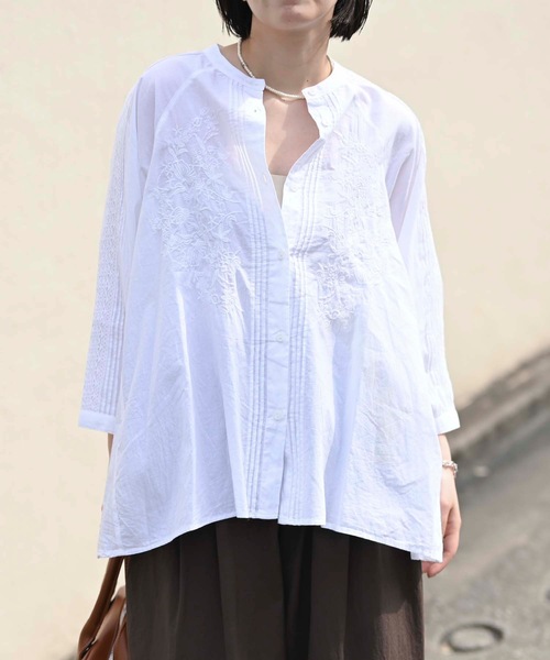 ブラウス シャツ フロント刺繍使いブラウス(インド綿.インドコットン.コットン100%，綿100%） レディース ＆HALF ブラウス シャツ フロント刺繍使いブラウス(インド綿