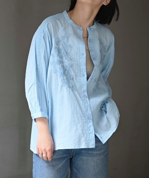 ブラウス シャツ フロント刺繍使いブラウス(インド綿.インドコットン.コットン100%，綿100%） レディース ＆HALF ブラウス シャツ フロント刺繍使いブラウス(インド綿