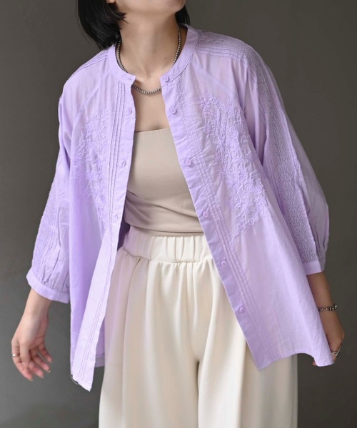 ブラウス シャツ フロント刺繍使いブラウス(インド綿.インドコットン.コットン100%，綿100%） レディース ＆HALF ブラウス シャツ フロント刺繍使いブラウス(インド綿