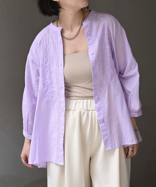 ブラウス シャツ フロント刺繍使いブラウス(インド綿.インドコットン.コットン100%，綿100%） レディース ＆HALF ブラウス シャツ フロント刺繍使いブラウス(インド綿