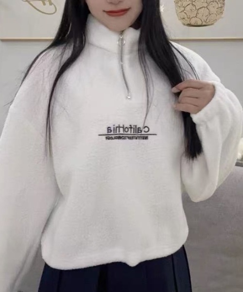 トレーナー スウェット ショート丈 ハーフジップ ボアトレーナー