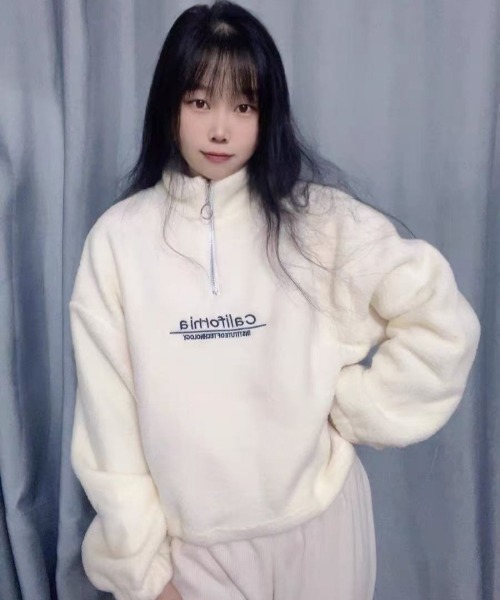 トレーナー スウェット ショート丈 ハーフジップ ボアトレーナー