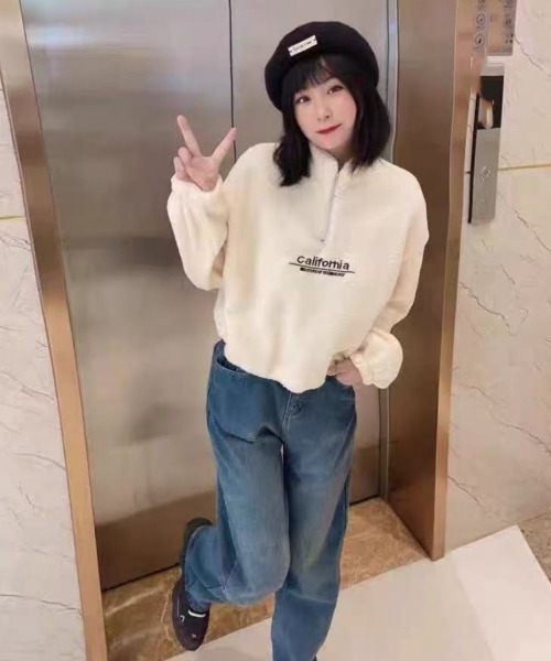 トレーナー スウェット ショート丈 ハーフジップ ボアトレーナー