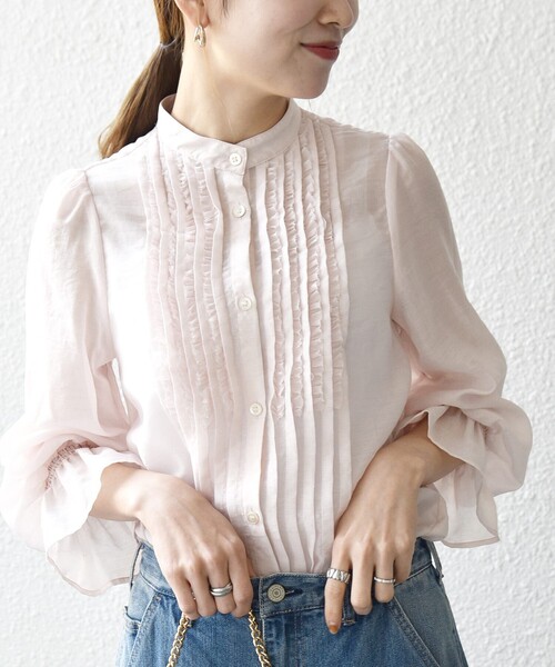ブラウス シャツ SHIPS any:「手洗い可能」シアー フリル バンドカラー シャツ ブラウス レディースの画像