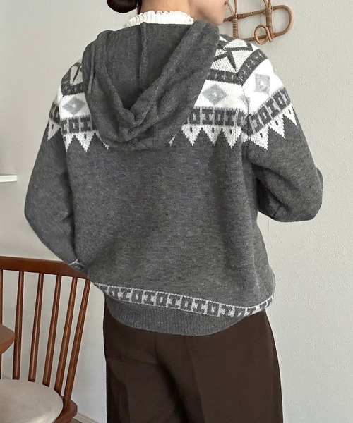ニット セーター ノルディック柄フーディ付きニット レディース Cham. ニット セーター ノルディック柄フーディ付きニット