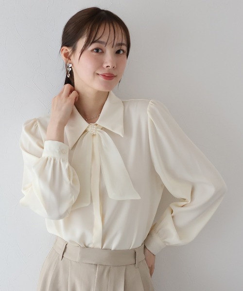 BLUEEAST ブラウス シャツ パールモチーフリボンブラウス