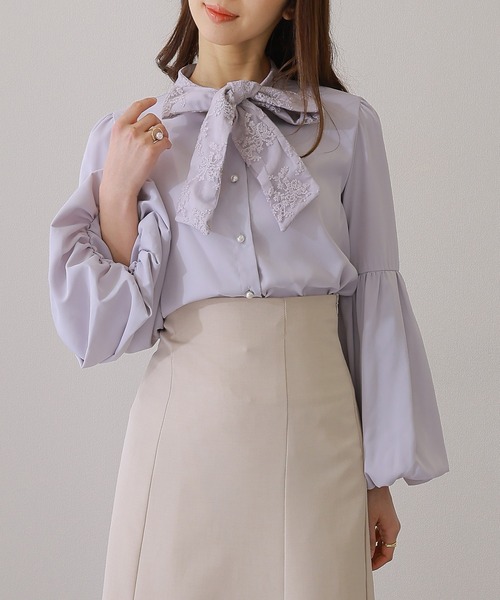 Lace Ladies ブラウス シャツ レース ボウタイ付き バルーン袖