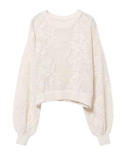 <美品>カネコイサオ 長袖綿ニット 透かし編み フラワーモチーフ ブラック 美品>カネコイサオ 長袖綿ニット 透かし編み フラワーモチーフ