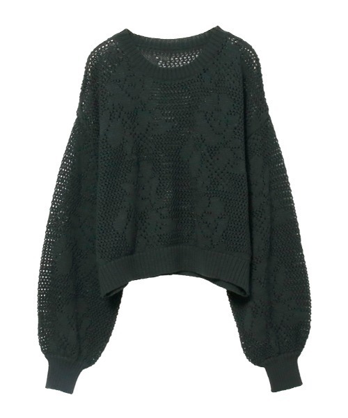 <美品>カネコイサオ 長袖綿ニット 透かし編み フラワーモチーフ ブラック 美品>カネコイサオ 長袖綿ニット 透かし編み フラワーモチーフ